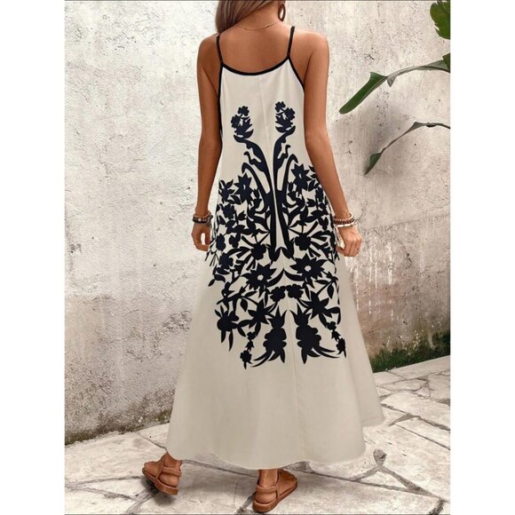 Contrast floral print BoHo maxi dress tan black vacation - Picture 2 of 4